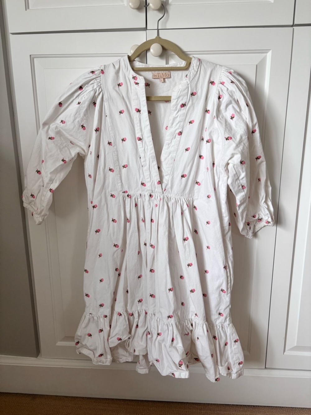 byTiMo White Cotton Mini Dress with Pink Floral Embroidery